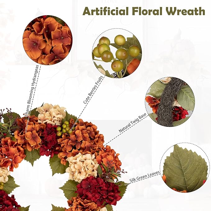 Fall Wreaths for Front Door, 24 inch Autumn Wreath with Hydrangeas Berries Large Fall Door Wreath Artificial Hydrangea Flowers Wreaths Autumn Decorations for Farmhouse Thanksgiving Harvest Door Wall-Ruum Studio Home