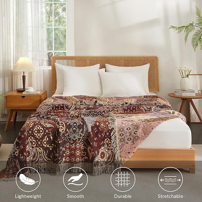 Boho Throw Blanket for Couch Sofa Bed, 100% Cotton Woven Quilt with Tassel 80”x90”, Super Soft Muslin Blanket with Patchwork Printed, Decorative Reversible Bed Blanket/Cover for All Seasons-Ruum Studio Home