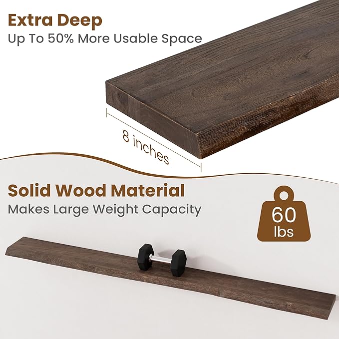 Floating Shelves for Wall Decor, Rustic Solid Elm Wood Floating Shelves Wall Mounted, Wall Shelves with Invisible Bracket for Living Room Bathroom Bedroom Kitchen, 72 Inch, Walnut-Ruum Studio Home