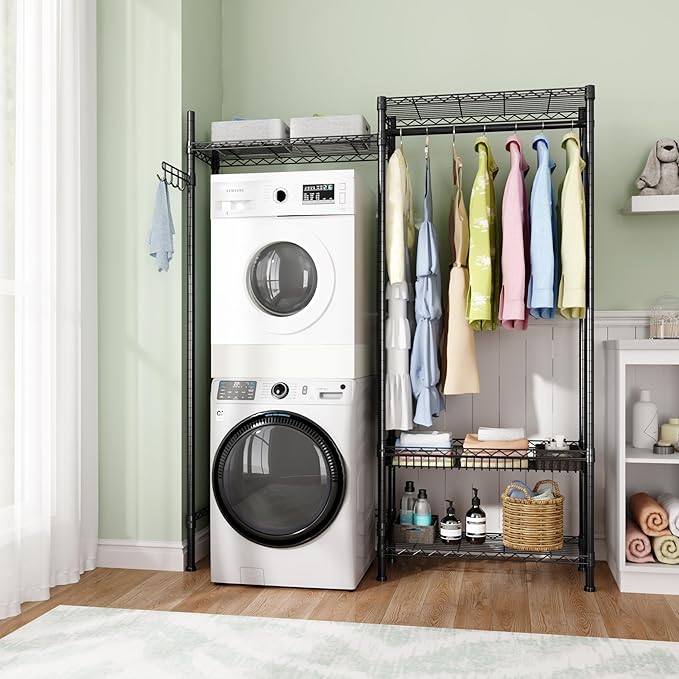 Over Washer and Dryer Shelves,Laundry Room Storage Organization Clothes Drying Rack,4 Tier Adjustable Height Wire Shelving with Wire Basket,Hanger Rod&Hook,Space Saving Shelf-Ruum Studio Home