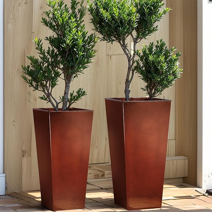 KOL 25'' & 28'' Tall Galvanized Steel Metal Glazed Planter with Insert, Set of 2, Metal Planter Pots for Indoor & Outdoor Use, Decorative Flower Plant Pots for Front Porch, Patio, Deck - Brown-Ruum Studio Home