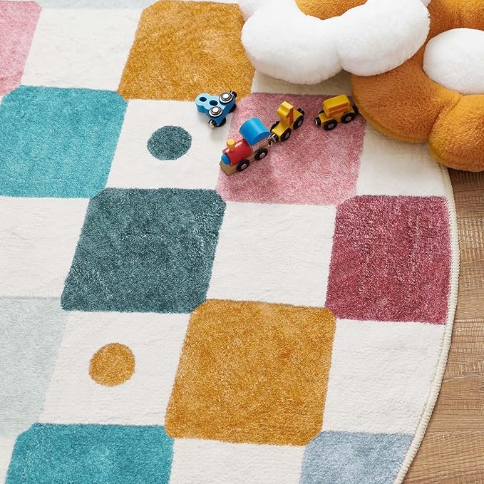 jinchan Round Rug 5ft Kids Washable Rug Indoor Floor Cover Non-Slip Soft Elementary School Classroom Modern Colorful Diamond Carpet for Nursery Daycare Bedroom Playroom Living Room Confetti on Cream-Ruum Studio Home