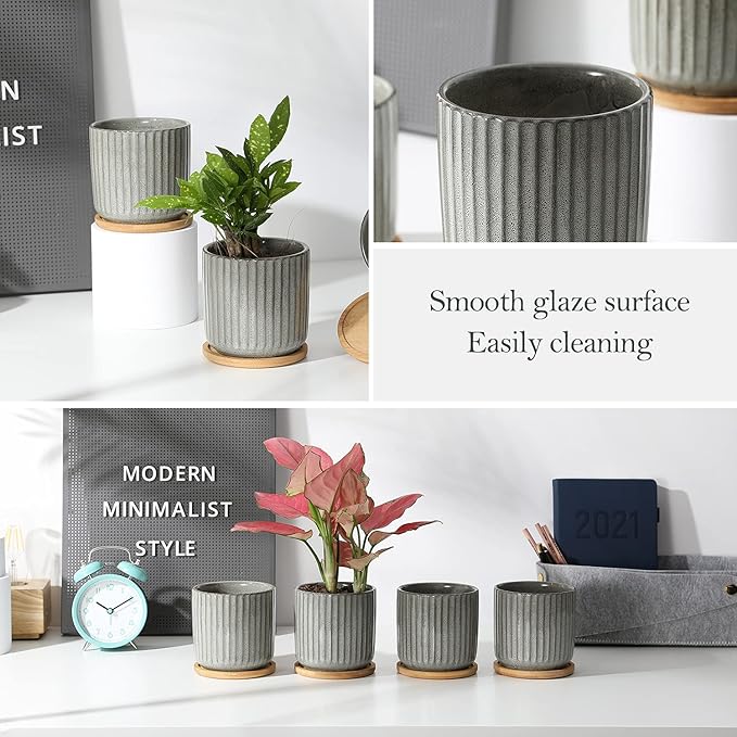 TAMAYKIM 4 Inch Cylinder Ceramic Plant Pots with Drainage Holes & Saucers, Glazed Green Grey Small Boho Planters with Trays for Indoor Flower, Snake Plants, Succulent, Cactus, Set of 4-Ruum Studio Home