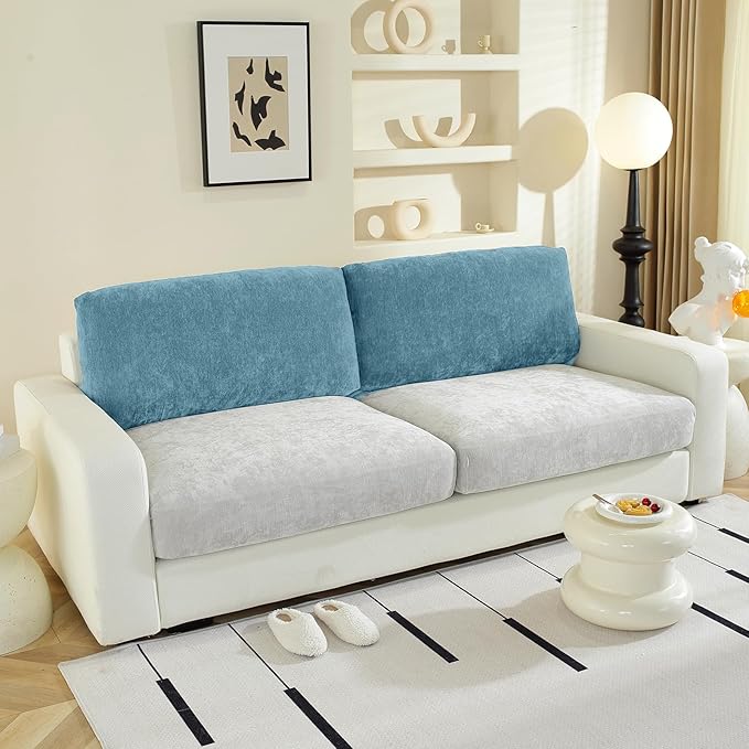 Large Backrest Cushion Covers Super Stretch Backrest Covers for 2 Cushion Couch Sofa, Couch Back Cushion Covers Featuring with Chenille Yarn (Softer Version, 2PC, Blue)-Ruum Studio Home