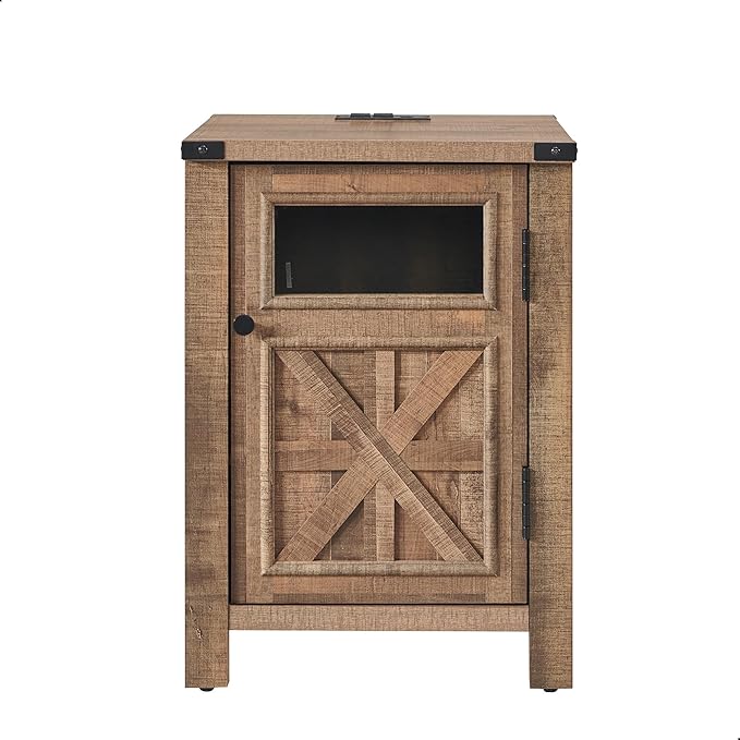 JXQTLINGMU Farmhouse End Table with Charging Station, 18'' Rustic Nightstand with Barn Door & Adjustable Shelf, Wooden Sofa Side Table with 3-Tier Storage for Living Room, Bedroom, Warm Brown-Ruum Studio Home
