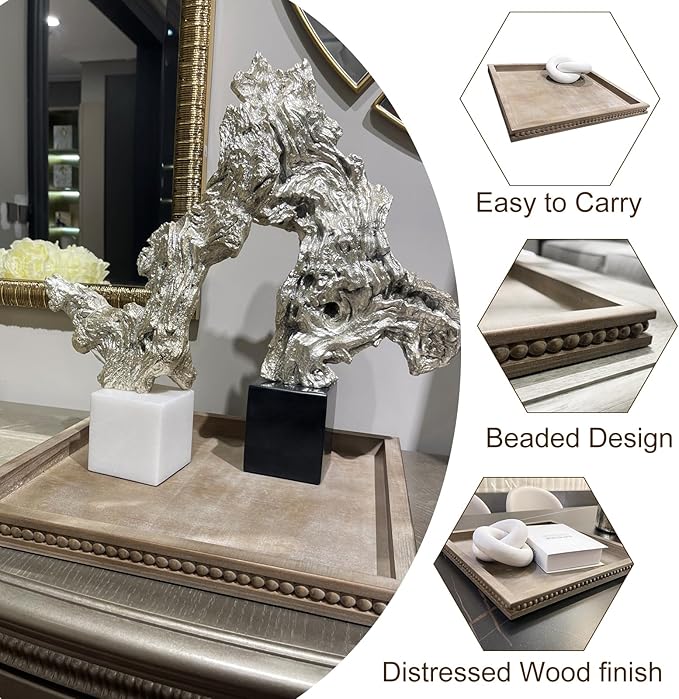 Wood Decorative Tray-Vitage Brown Washed Bead Tray for Coffee Table Wooden Serving Trays Ottoman Tray for Living Room Candle Holder Home Organizer Farmhouse Home Decor (Rectangular)-Ruum Studio Home