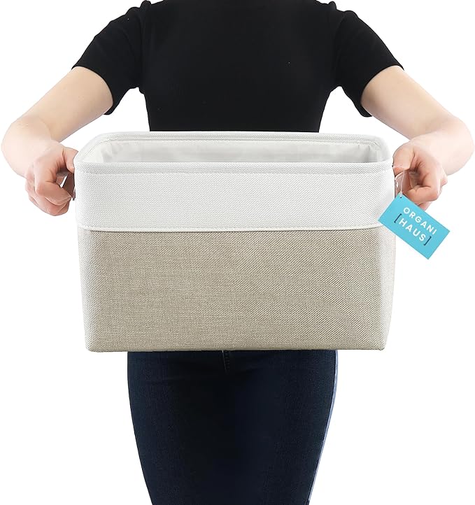 OrganiHaus Large Fabric Storage Baskets for Shelves 3 Pack, 15x11in Closet Storage Bins for Shelves, Cloth Baskets for Organizing, Linen Closet Organizers, Fabric Basket, Beige/White-Ruum Studio Home