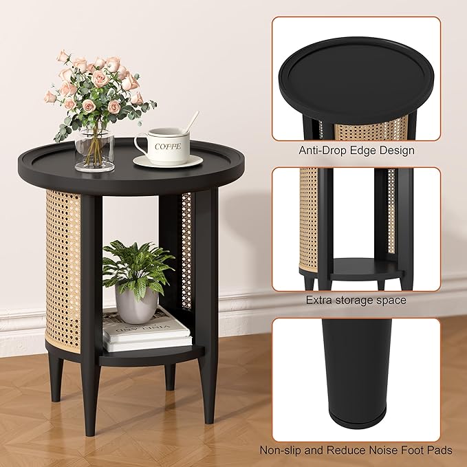 Yusong Round End Table Rattan Side Table with Solid Wood Legs, Boho Style Nightstand Bedside Table with 2-Tier Shelves, Small Coffee Table for Living Room Bedroom Small Spaces Black-Ruum Studio Home