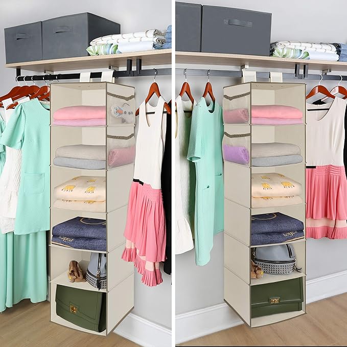 MAX Houser 6 Tier Shelf Hanging Closet Organizer, Closet Hanging Shelf with 2 Widen Straps for Storage, Foldable (Beige2)-Ruum Studio Home