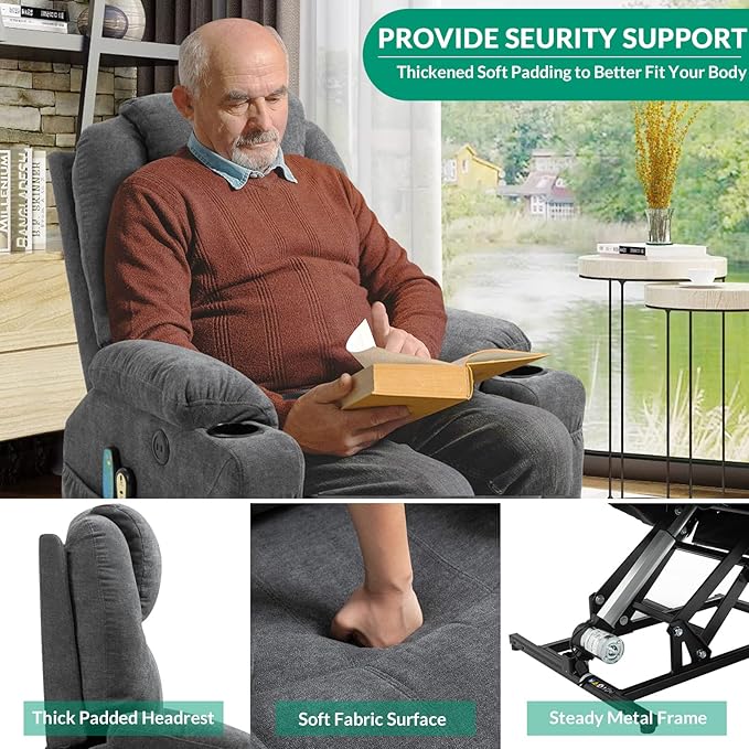 VIVIJASON Power Lift Chair Electric Recliner for Elderly Heated Vibration Massage Fabric Recliner Chair with 2 Remote Controls, Cup Holders, Side Pockets & USB Ports for Living Room (Grey)-Ruum Studio Home