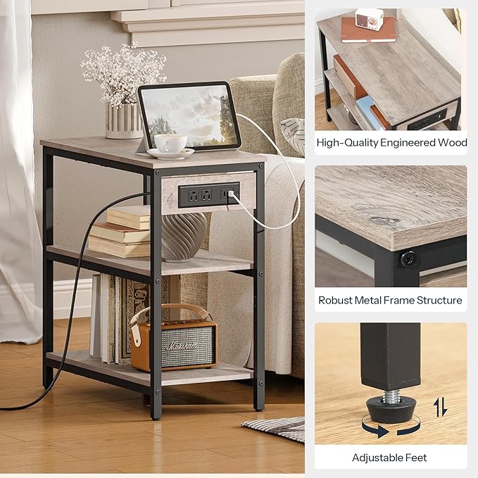 HOOBRO End Table with Charging Station, Simple Rustic Side Table with 3-Tier Storage Shelf, Narrow Nightstand for Small Spaces, for Living Room, Industrial Design, Greige and Black BG149UBZ01