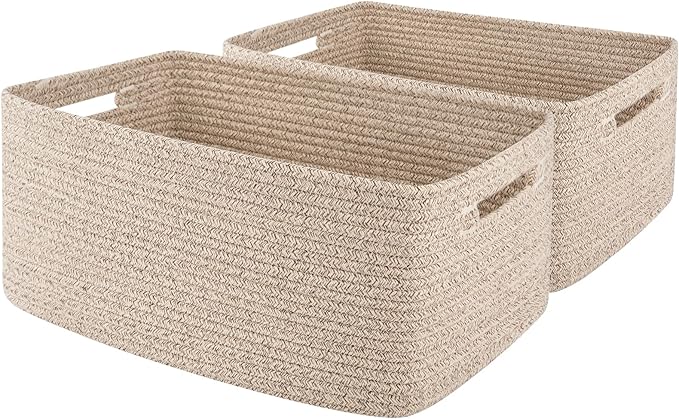 OIAHOMY Storage Basket for Shelves, Closet Cube Storage Bins Baskets for Clothes Blanket Towels, Baby Nursery, Toy Baskets Box, Woven Rope Basket, 17.72*12.99*7.87 IN, 2 Packs Brown-Ruum Studio Home
