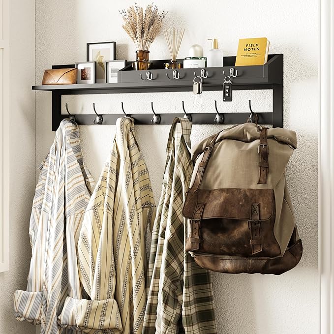 AMBIRD 35 inch Wall Hooks with Shelf, Coat Rack Wall Mount, Large Coat Hanger for Wall, Entryway Shelf with 7 Dual Coat Hooks, 4 Key Hooks and Mail Organizer, Wooden Key Holder Rack (Black)-Ruum Studio Home
