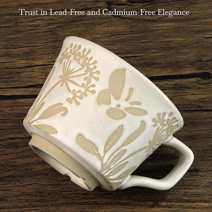 Ceramic Coffee Mug, 12 oz Novelty Unique Teacup with Large Handle, Stoneware Cup for Tea Mocha Latte Cappuccino Espresso (Set of 2, Butterfly and Ivy)-Ruum Studio Home