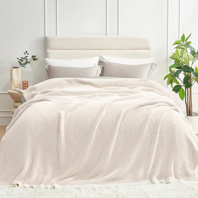 Snuggle Sac Queen Size Oversized Super Soft Bed Blanket - Warm & Cozy Knit Fuzzy Microfiber Blankets in Heather Ivory, 90 x 90-Ruum Studio Home