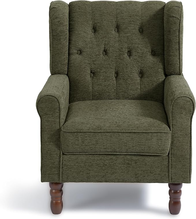 Accent Chair, Upholstered Armchair with Button Tufted High Back & Solid Wood Legs, Comfy Wingback Reading Single Sofa Chair for Small Spaces, Living Room, Bedroom (Green, Set of 2)-Ruum Studio Home
