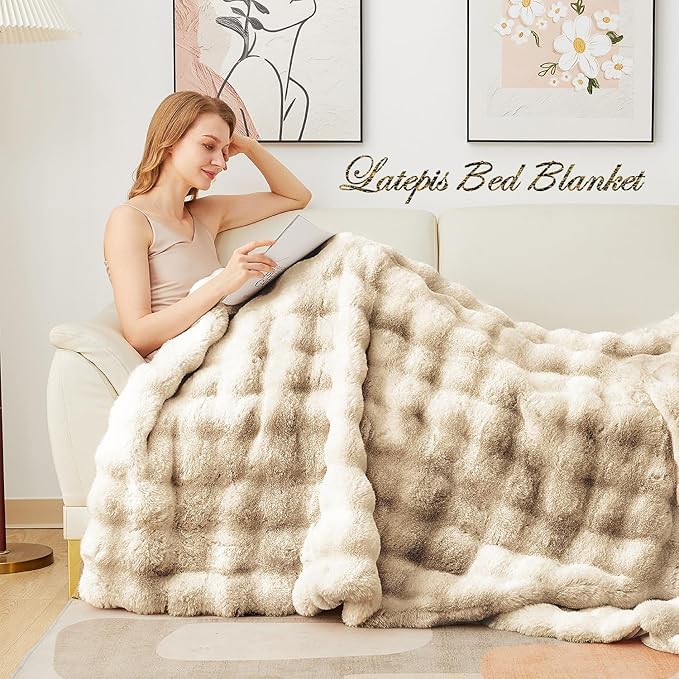 Latepis Soft Luxury Faux Fur Bubble Blanket, Thick Warm Cozy Throw Blanket for Couch, Plush Fluffy Blanket for Sofa and Bedroom Women Gift, 50” x 60”, Tie-dye Camel, 860GSM-Ruum Studio Home