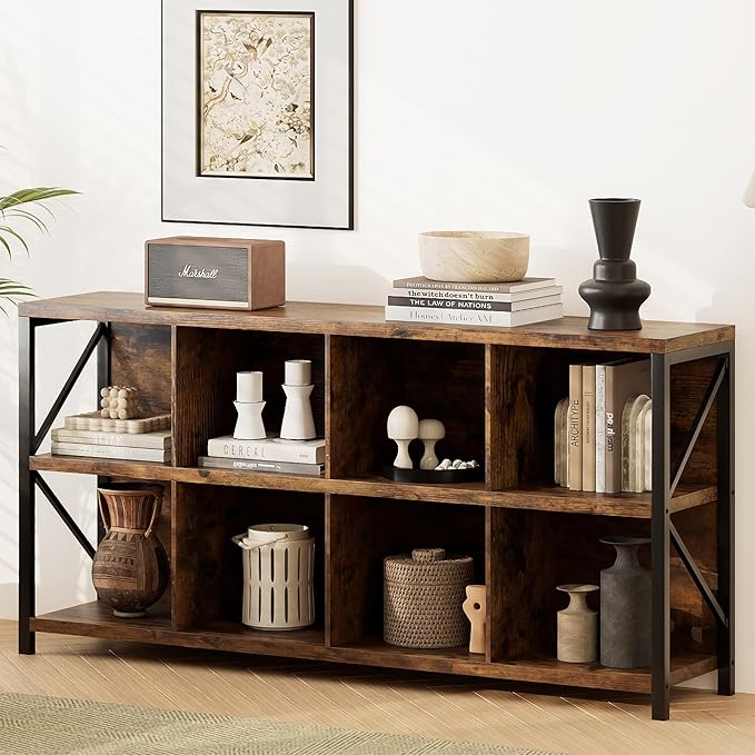 8 Cube Storage Organizer Bookshelf, Industrial Horizontal Bookcase, Accent Cubby Shelf, Media Console Table for Living Room, Home and Office, 63 Inches, Rustic Brown-Ruum Studio Home