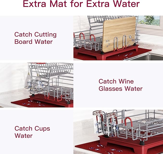 BOOSINY 2 Tier Red Large Stainless Steel Dish Drainers Drying Rack for Kitchen Counter with Drainboard, Rust Proof Metal, Space Saving, Modern Aesthetic, Compact Plates Strainers with Extra Mat-Ruum Studio Home