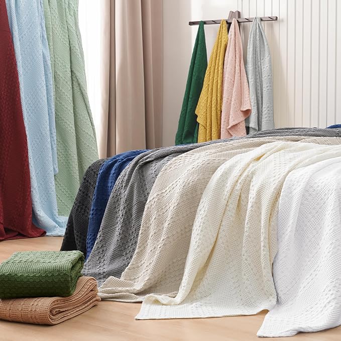 PHF 100% Cotton Waffle Weave Blanket King Size, Soft Lightweight Breathable Cozy Summer Blankets for Bed, Luxury Aesthetic Woven Bedding for Home Decor, 108"x90", Bright Navy Blue-Ruum Studio Home