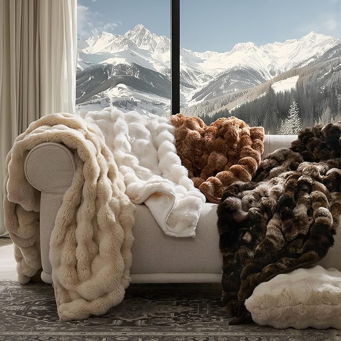 EVERGRACE Ultra Soft Luxury Fluffy Ridgeline Faux Rabbit Fur Throw Blanket, Thick Warm Bubble Throw for Bed, Cozy Plush Reversible Blankets for Couch, Chair, Sofa, Cream, 50x60 Inches, 870 GSM-Ruum Studio Home