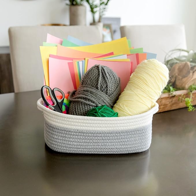 NaturalCozy 5-Piece Rectangle Storage Basket Set- Natural Cotton Rope Woven Baskets for Organizing! Small Basket for Montessori, Baby Nursery, Dog Toy Baskets, Cat Toy Box, Bathroom Organization Bin-Ruum Studio Home