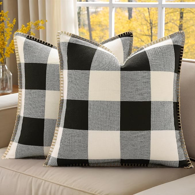 decorUhome Buffalo Plaid Check Throw Pillow Covers 16x16 Set of 2, Outdoor Decorative Farmhouse Neutral Pillow Covers with Stitched Edge for Bed Couch Sofa, Black and White-Ruum Studio Home