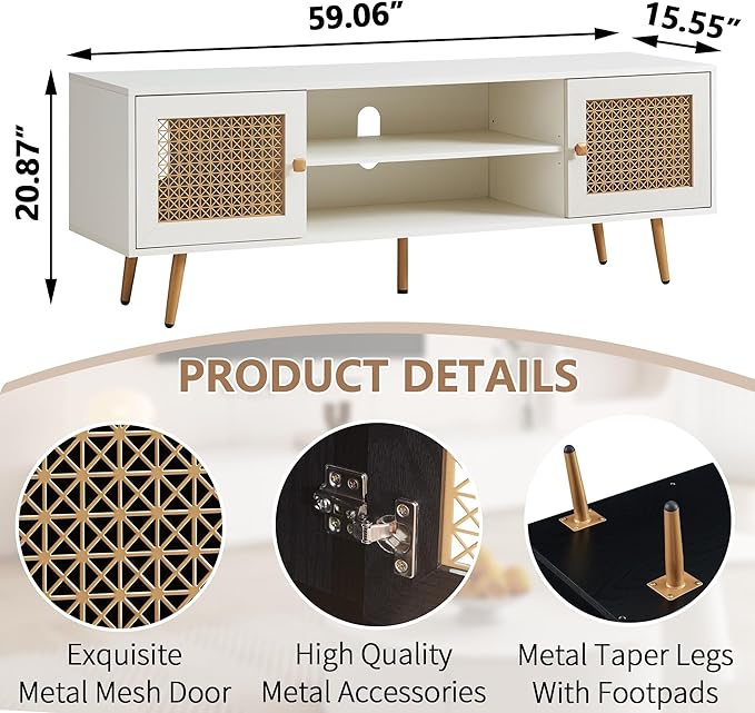 JYED Mid Century Modern TV Stand with Metal Mesh Doors and Open Shelf for 65" TVs,Antique White Media Console Wood Entertainment Center with Cable Holes for Living Room.59.06"x15.55"x20.87"-Ruum Studio Home