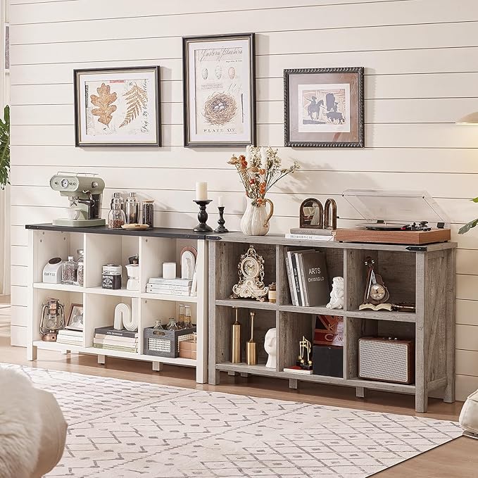 Farmhouse 6 Cube Bookshelf, Antique White & Black Wooden Storage Organizer Book Shelf, 47" Cubby Hallway Bookcase, Kids Toy Storage Cabinet, Modern Open Book Case for Living Room, Playroom-Ruum Studio Home