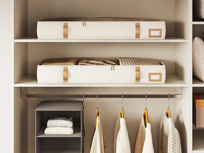 Vailando Under Bed Storage Containers, Foldable Storage Bins for Blankets, Comforter, and Seasonal Clothing, 6 Inches Tall, Beige with Brown Leather Handles, 2-Pack-Ruum Studio Home