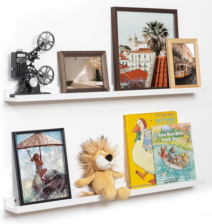 Fun Memories Picture Ledge Shelf, 36 Inch Floating Shelves Set of 2, Nursery Book Shelves for Toys Storage, Kids Bookshelf Wall Mounted for Wall Decor Books Photo Frames, White-Ruum Studio Home