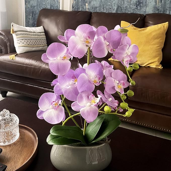 SJC Orchids Artificial Flowers with Gray Vase Purple Faux Orchid Phalaenopsis Arrangements for Kitchen Table Centerpiece Home Decoration Indoor(3.54" D x 7.87" W x 20" H)-Ruum Studio Home