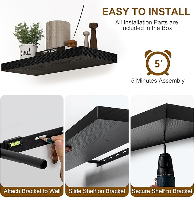 Fun Memories Black Floating Shelves 36 Inch Long, 8 Inch Deep Floating Shelf for Wall, 36" W x 8" D Wall Shelves Set of 2, Black Deep Floating Shelves for Bedroom, Living Room, Kitchen-Ruum Studio Home