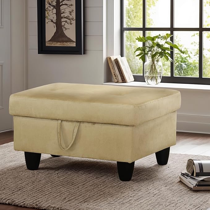 Ottoman Rectangular Storage Ottoman Bench, Flannel Footrest Stool Footstool with Lid for Living Room, Bedroom, Entryway, Light Brown, 28.5"x19"x17.5"-Ruum Studio Home