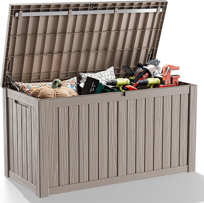 DRATO 150 Gallon Outdoor Storage Box, Large Waterproof Deck Box, Lockable Resin Storage Container with Reinforced Support for Patio Cushions, Garden Tools, UV-Resistant Outdoor Chest-Ruum Studio Home