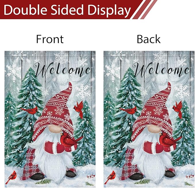 Heyfibro Welcome Christmas Garden Flag Winter Gnome Garden Flags 12x18 Double Sided Burlap Cardinals Snowflakes Snow Garden Yard Flags for Seasonal Outside Outdoor House Decoration (ONLY FLAG)-Ruum Studio Home