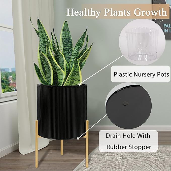 ARNIS Modern Plant Pots, Set of 2 Round Large Planters with Stand, Large Size Metal Pots with Drainage Holes for Living Room, Office, Garden or Balcony, 10.5 &12.25 Inch, Black & Gold-Ruum Studio Home