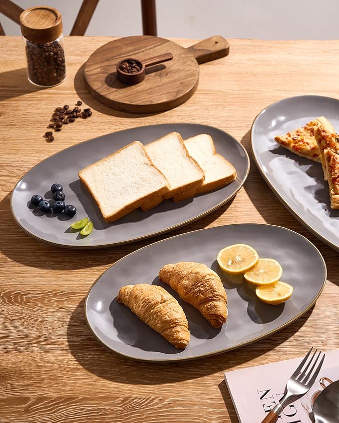 famiware Serving Platter, Oval 15.59/14.3/12.9 inch Serving Dishes for Entertaining, Serving Bowls, Microwave Safe, Fine Stonware Serving Trays for Party, Turkey, Cheese, Ocean Series, Dark Grey-Ruum Studio Home