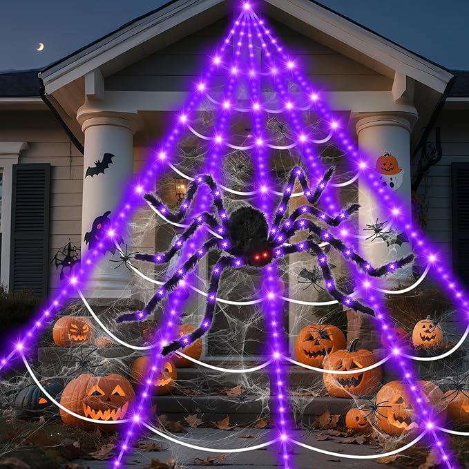 16.4 X 15.8Ft Giant Spider Web Halloween Decorations with 250 LED Lights, Halloween Spider Web Outdoor with 5Ft Large Spider, 3.53 Oz Stretch Web and 20 Small Spiders for Yard House Party Decoration-Ruum Studio Home