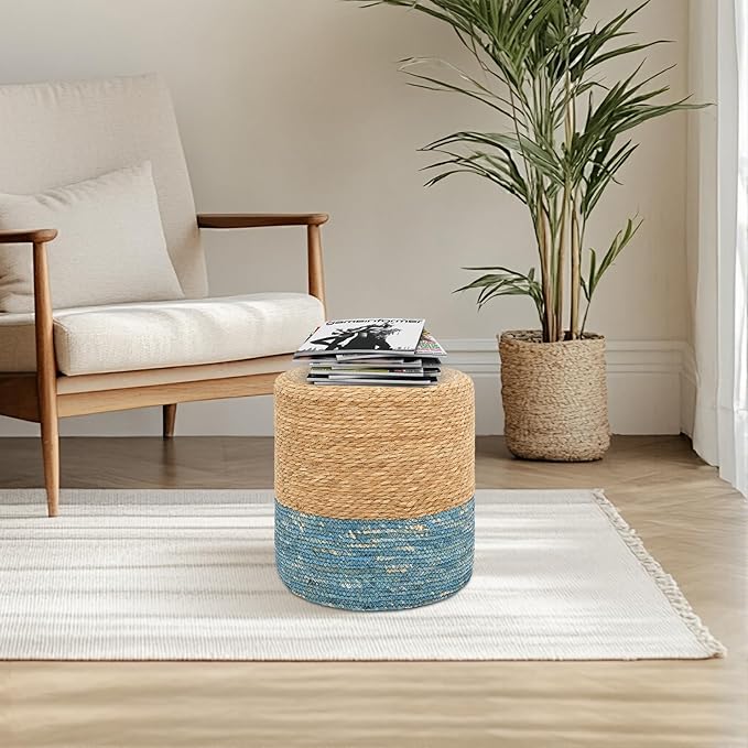 16'' Round Ottoman Natural Seagrass Braided Poof Hand Weaving Round Ottomans Boho Footrest Stool for Home Living Room Bedroom Patio(Natural&Blue)-Ruum Studio Home