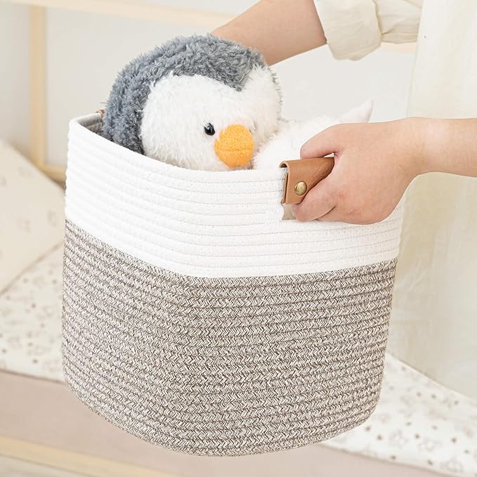 danpinera 11 Inch Storage Baskets, Woven Baskets for Organizing, 3 Pack Storage Cubes for Shelves, Closet, Nursery with Removable Leather Handles, White & Mixed Brown-Ruum Studio Home