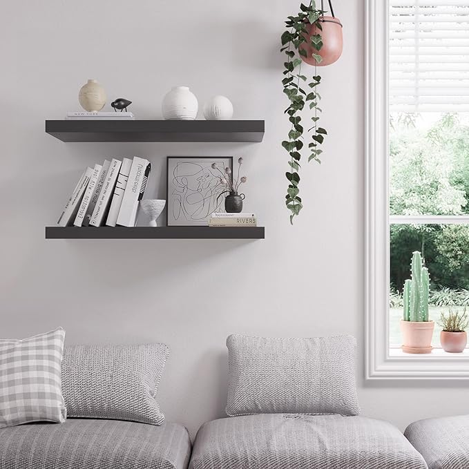 Floating Shelf, Set of 2 Wall Shelf, 30 in W x 12.75 in D x 2 in H Wooden Floating Wall Shelf with Invisible Brackets for Living Room/Bedroom/Bathroom/Kitchen Storage and Decor, Black-Ruum Studio Home