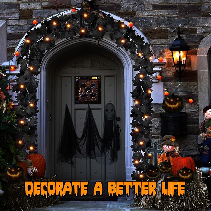 Joyhalo 2 Pack Halloween Garland with Lights, Black Maple Leaves Lighted Garland for Mantle, 5.7FT Light Up Leaf Autumn Vines Outdoor for Door Frame, Fireplace and Thanksgiving Fall Decor-Ruum Studio Home