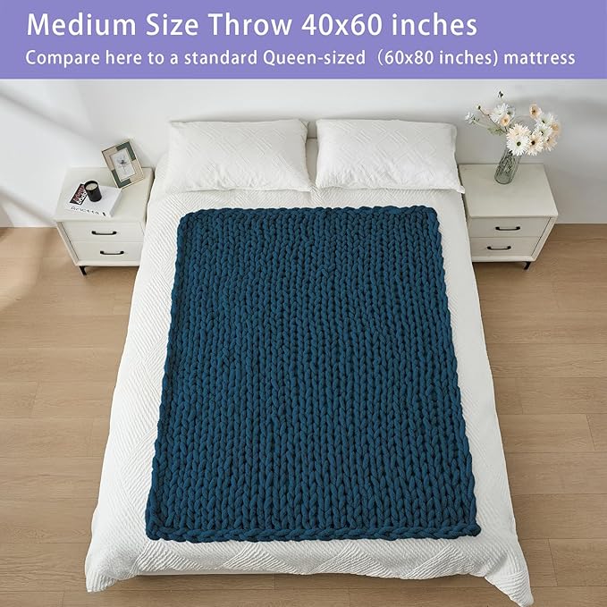 Bigacogo Chunky Knit Throw Blanket for Couch, 40x60 inches, 100% Hand Knitted with Thick Jumbo Chenille Yarn, Cozy Soft Large Rope Knot Cable Crochet Blankets for Sofa Bed Living Room, Deep Sea Blue-Ruum Studio Home