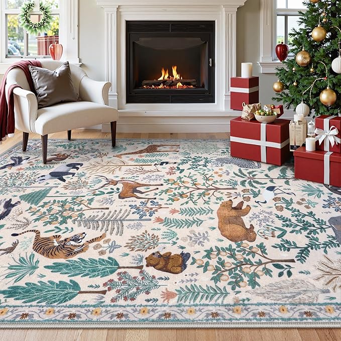 OJIA Jungle 8x10 Area Rugs for Living Room Bedroom Large Washable Rugs, Thin Modern Nursery Rug Non-Shedding Kids Playroom Rug Stain Resistant Large Carpet Neutral Rugs for Kids Room Dining-Ruum Studio Home