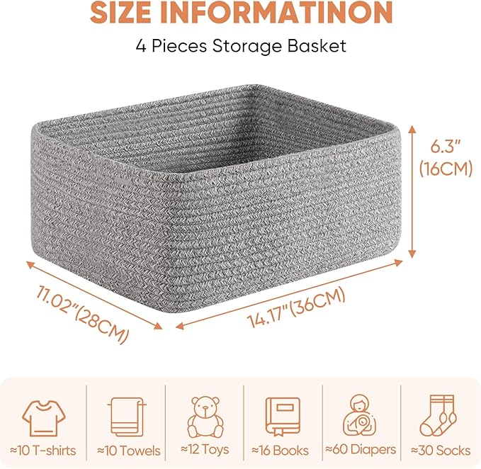 OIAHOMY 4 Pack 14.17*11.02*6.3IN Storage Baskets for Organizing Shelves, Woven Rope Baskets for Organizing Books, Clothes, Decorative Basket for Living Room, Nursery, Bedroom, Gift Basket, Grey-Ruum Studio Home