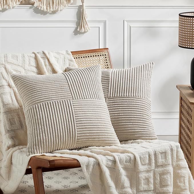 Fancy Homi 2 Packs Neutral Taupe Samll Decorative Throw Pillow Covers 14x14 Inch with for Couch Bed Sofa, Rustic Farmhouse Boho Home Decor, Soft Corss Patchwork Corduroy Square Cushion Case 35x35 cm-Ruum Studio Home