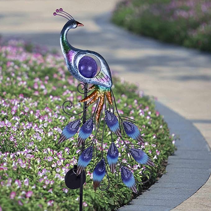 TERESA'S COLLECTIONS Solar Garden Lights Outdoor Garden Decor, Metal Peacock Decorations for Yard, 33'' Purple Decorative Garden Stake for Outside with Crackle Glass Ball, Lawn Party Gifts for Mom-Ruum Studio Home