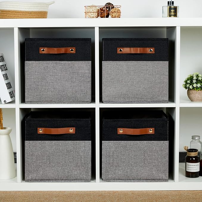 HNZIGE Fabric Cube Storage Baskets 11x11, Set of 4, Foldable Baskets with Handlesfor Organizer Closet(Black Gray)-Ruum Studio Home