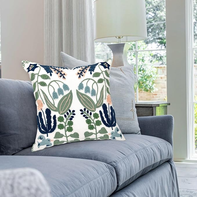 Alysheer Floral Embroidered Summer Decorative Throw Pillow Covers 20"x 20" Set of 2, Farmhouse Cottage Navy Blue Green Flowers Leaves Knit Pattern Cotton Canvas Cushion Case for Couch Bed Living Room-Ruum Studio Home